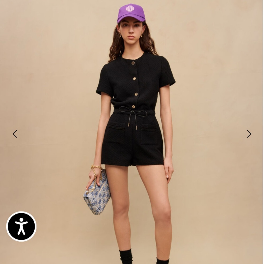 NWT Maje Black Button-Up Short Sleeve Tweed Romper size 4